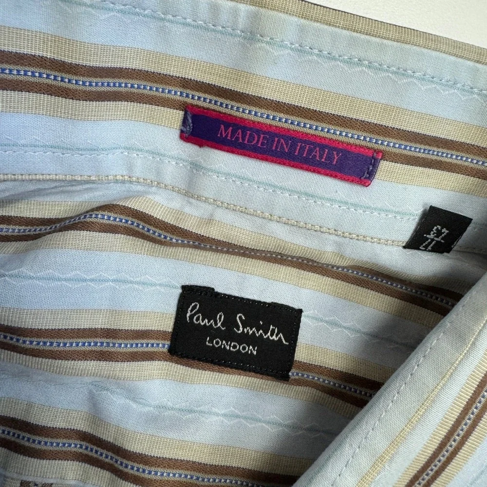 Paul Smith Shirt Mens 17 Blue Brown Striped Button Up Designer Made In Italy‎